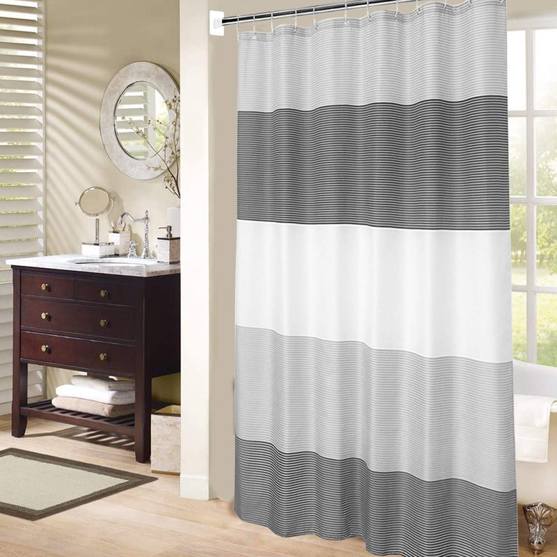 MORNITE Shower Curtain Black and Grey, Shower Curtain for Men Bathroom White Neutral Stripes Polyester Fabric 12 Hooks 72"x72" - Image 1